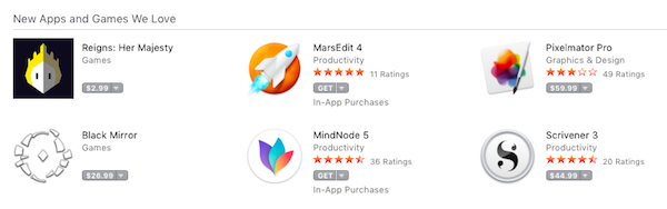 A screenshot of the Mac App Store showing MarsEdit 4, MindNode 5, Pixelmator Pro, and Scrivener 3.