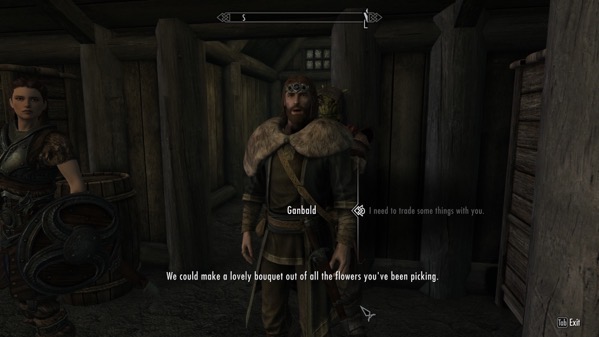 A Skyrim screenshot showing a bearded Nord man in mage robes commenting on the number of flowers in the player's inventory.